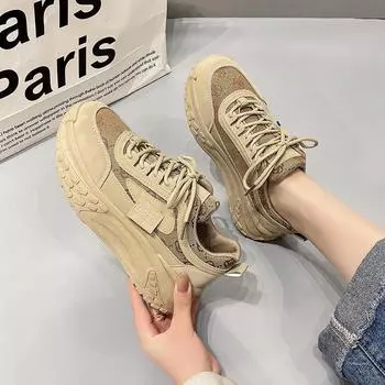 Dad Shoes Girl 2024 New Spring Breathable Cloth Korean Version Versatile Student Sports Thick-soled Height Increasing Running Shoes 35 чёрный