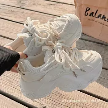 Dad Shoes Girl 2025 Spring and Summer New Breathable Mesh Shoes with Wide Leg Pants Platform White Shoes Sneakers 35