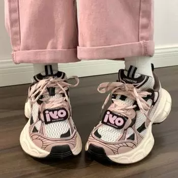 Dad Shoes Girl 2025 Spring and Summer New European Thick-soled Breathable Mesh Color Matching Running Casual Versatile Sports Women s Shoes 35 розовый