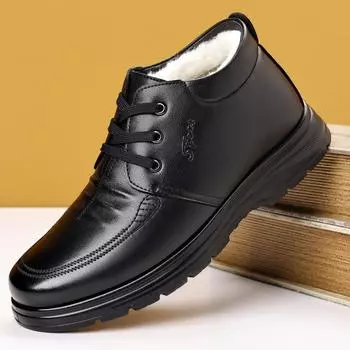 Dad shoes, leather shoes, winter velvet, medium-top lace-up boots, middle-aged and elderly cotton shoes, warm men s shoes 38