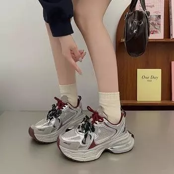 Dad Shoes Women s 2024 Spring New Real Soft Leather Thick-soled Round Head Casual Shoes Versatile Lace-Up Sneakers 35 бежевый