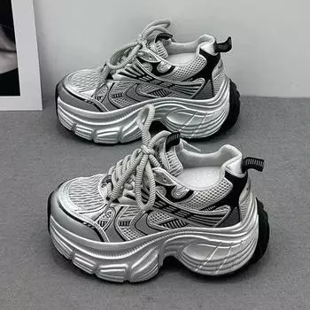 Dad shoes women s small 2025 new casual sports shoes spring and summer breathable mesh super fire thick-soled heightening shoes 35 серебряный