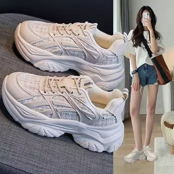 Dad Shoes Женские весенние новые универсальные белые туфли на платформе с круглым носком Кроссовки 35 бежевый