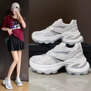 Daddy shoes women s 2025 new summer thin breathable mesh versatile thin thick-soled casual running sneakers 35 серебряный