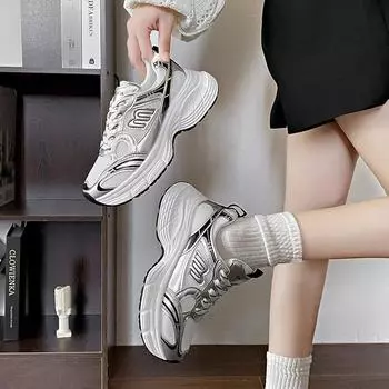 Daddy shoes women s shoes 2024 spring new versatile breathable thick sole heightening Internet celebrity leisure sports white shoes 35 серебряный