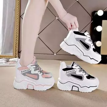 Daddy Shoes Женские Ins Удобные Высокие Каблуки Повседневные Износостойкие Толстые Подошвы Увеличить Сеть Красные Спортивные Туфли Женские 35 чёрный
