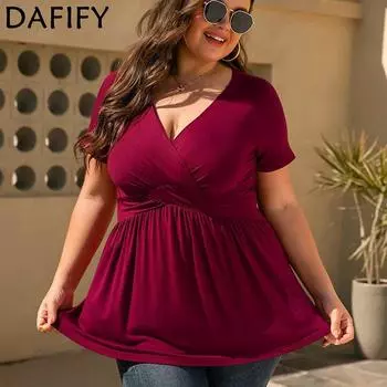 DAFIFY Большие размеры женские модные повседневные летние однотонные принты с короткими рукавами и v-образным вырезом блузки и рубашки L