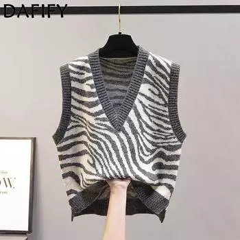 DAFIFY Women s Fashion Casual Fall Winter Stripe Print Sleeveless V-Neck Sweaters Size: One Size серый