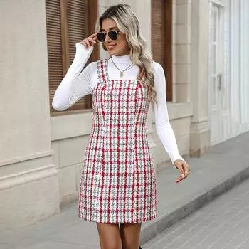 DAFIFY Women s Fashion Spring Fall Plaid Print Sleeveless Suspenders Middle Waistline Casual Dresses S