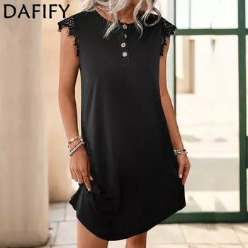 DAFIFY Women s Fashion Summer Spring Solid Color Print Sleeveless O-Neck Loose Waistline Casual Dresses