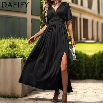 DAFIFY Women s Fashion Summer Spring Solid Color Print Short Sleeve V-Neck A-line Middle Waistline Casual Dresses