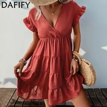 DAFIFY Women s Fashion Summer Spring Solid Color Print Short Sleeve V-Neck A-line Middle Waistline Casual Dresses