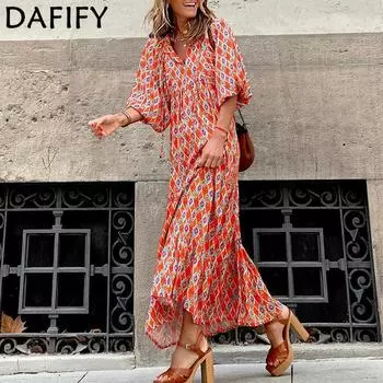 DAFIFY женская мода лето весна богемный принт с коротким рукавом и v-образным вырезом повседневные платья S