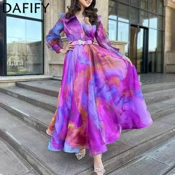 DAFIFY Женская мода лето весна цвет блок печати с длинным рукавом V-образным вырезом повседневные платья S фиолетовый