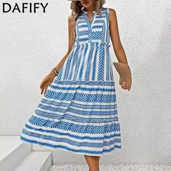 DAFIFY Женская мода лето весна геометрический принт без рукавов с v-образным вырезом свободная талия повседневные платья S синий