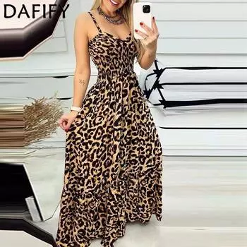 DAFIFY женская мода лето весна леопардовый принт без рукавов с v-образным вырезом подтяжки с высокой талией повседневные платья S жёлтый