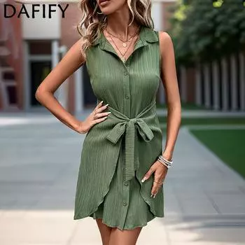 DAFIFY Женская мода, лето, весна, однотонное платье с принтом без рукавов, поло-поло, с вырезом трапециевидной формы, свободная талия, повседневные платья S зелёный