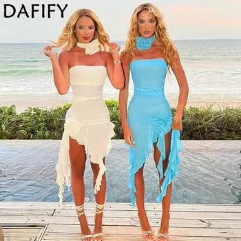 DAFIFY женская мода лето весна однотонный принт без рукавов на одно плечо с высокой талией повседневные платья
