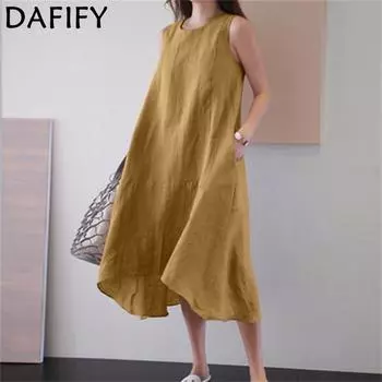 DAFIFY Женская мода лето весна однотонный принт без рукавов с круглым вырезом свободные повседневные платья с высокой талией S жёлтый