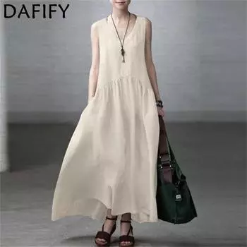 DAFIFY Женская мода лето весна однотонный принт без рукавов V-образный вырез свободная талия повседневные платья S чёрный