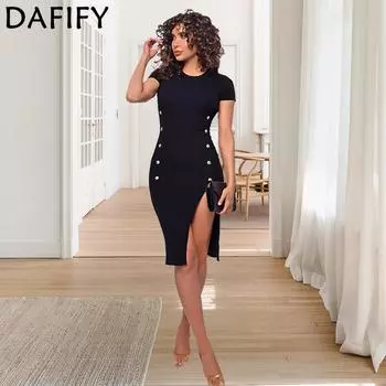 DAFIFY Женская мода лето весна однотонный принт короткий рукав О-образный вырез высокая талия коктейльные и вечерние платья S чёрный