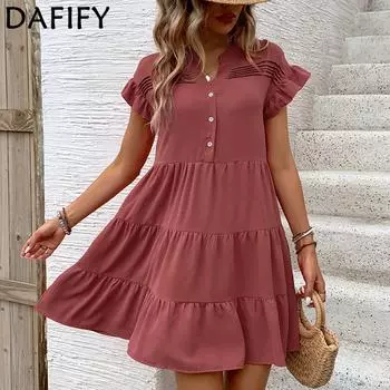 DAFIFY Женская мода лето весна однотонный принт с коротким рукавом и v-образным вырезом свободная талия повседневные платья S коричневый