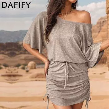 DAFIFY Женская мода лето весна однотонный принт с рукавами 1/2 и высокой талией повседневные платья S хаки