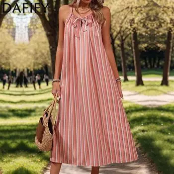 DAFIFY Женская мода лето весна полосатый принт без рукавов подтяжки трапециевидной формы свободная талия повседневные платья S розовый
