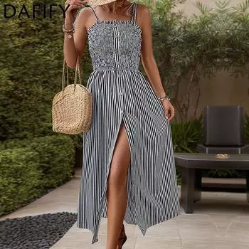 DAFIFY Женская мода, лето, весна, полосатый принт, подтяжки без рукавов, повседневные платья трапециевидной формы со средней талией S темно-синий
