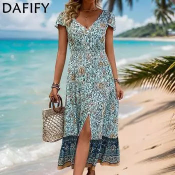 DAFIFY Женская мода Лето Весна Цветочный узор Принт Короткие рукава V-образный вырез А-силуэта Высокая талия Повседневные платья S зелёный