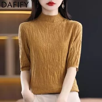 DAFIFY Женская мода Повседневная Летняя Весна Однотонный Принт Короткий Рукав Полуводолазка Блузки и Рубашки S