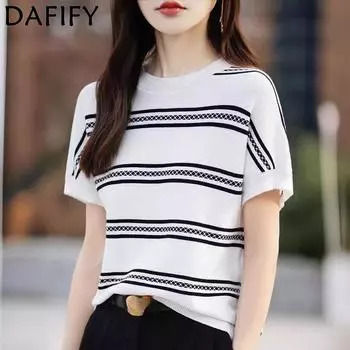 DAFIFY Женская мода Повседневная Летняя Весна Полосатый Принт Короткие Рукава О-Образным Вырезом Блузки и Рубашки M бежевый