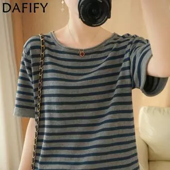 DAFIFY Женская мода Повседневная Летняя Весна Полосатый Принт Короткие Рукава О-Образным Вырезом Блузки и Рубашки M черный белый