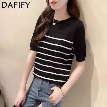 DAFIFY Женская мода Повседневная Летняя Весна Полосатый Принт Короткие Рукава О-Образным Вырезом Блузки и Рубашки M чёрный