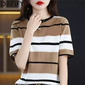 DAFIFY Женская мода Повседневная Летняя Весна Полосатый Принт Короткие Рукава О-Образным Вырезом Блузки и Рубашки S верблюд