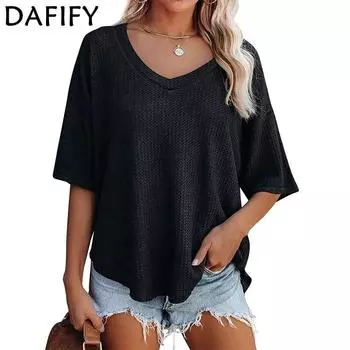 DAFIFY Женская мода повседневная летняя весна однотонный принт короткий рукав V-образный вырез свитера S чёрный