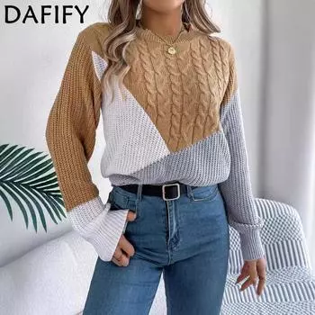 DAFIFY Женская мода повседневная осень-зима цветные блоки с принтом длинный рукав O-образный вырез свитера S хаки