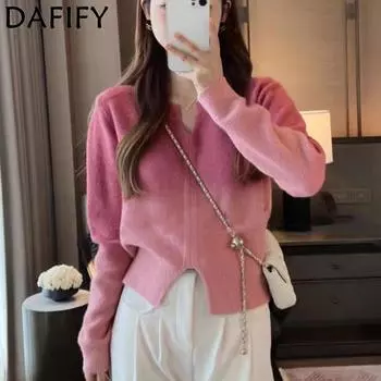 DAFIFY Женская мода повседневная осень-зима цветные блоки с принтом длинный рукав V-образный вырез свитера One size розовый