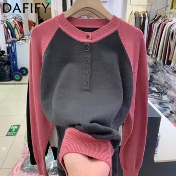 DAFIFY Женская мода повседневная осень-зима цветные блоки с принтом длинный рукав O-образный вырез свитера One size розы красного