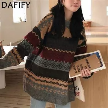 DAFIFY Женская мода повседневная осень-зима цветные блоки с принтом длинный рукав O-образный вырез свитера Size: One Size серый
