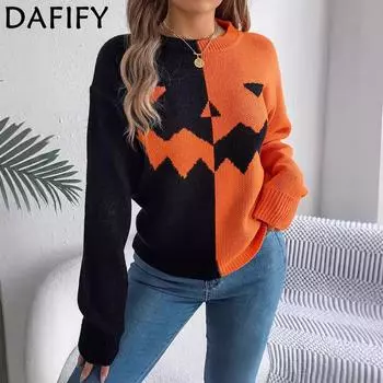 DAFIFY Женская мода повседневная осень-зима цветные блоки с принтом длинный рукав O-образный вырез свитера S оранжевый
