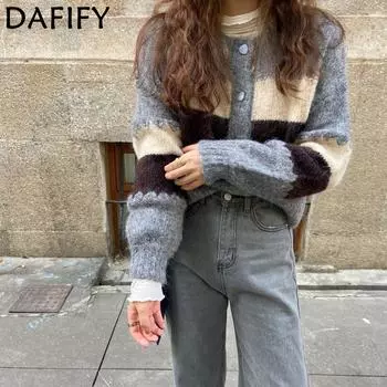 DAFIFY Женская мода повседневная осень-зима цветные блоки с принтом длинный рукав O-образный вырез свитера One Size абрикосовый