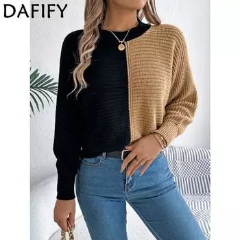 DAFIFY Женская мода повседневная осень-зима цветные блоки с принтом длинный рукав O-образный вырез свитера S хаки
