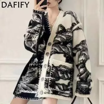 DAFIFY Женская мода повседневная осень-зима цветные блоки с принтом длинный рукав V-образный вырез свитера One Size чёрный