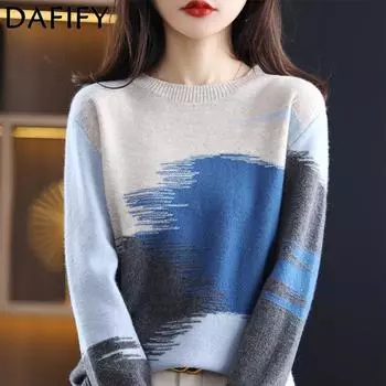 DAFIFY Женская мода повседневная осень-зима цветные блоки с принтом длинный рукав O-образный вырез свитера One size