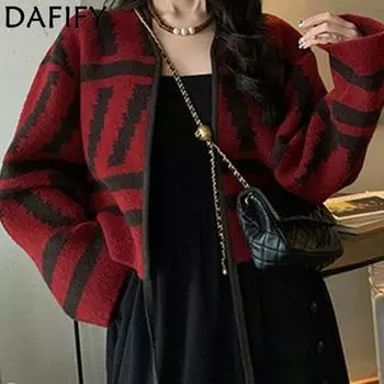 DAFIFY Женская мода повседневная осень-зима цветные блоки с принтом длинный рукав O-образный вырез свитера Size: One Size красный