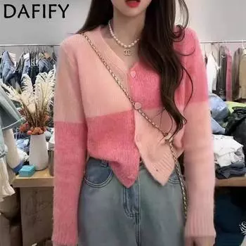 DAFIFY Женская мода повседневная осень-зима цветные блоки с принтом длинный рукав V-образный вырез свитера Size: One Size розовый