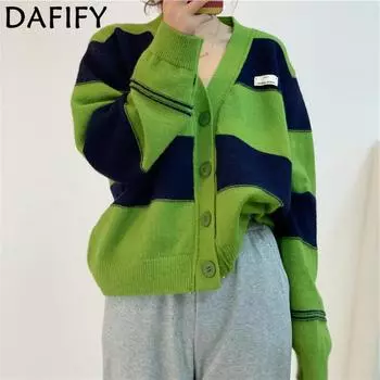 DAFIFY Женская мода повседневная осень-зима цветные блоки с принтом длинный рукав V-образный вырез свитера Size: One Size зелёный