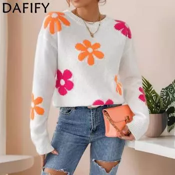 DAFIFY Женские Модные Повседневные Осенне-Зимние Свитеры с Цветочным Принтом, с Длинным Рукавом и Круглым Вырезом S белый