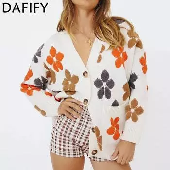 DAFIFY Женская мода повседневная осень-зима цветочный узор с принтом длинный рукав V-образный вырез свитера One size